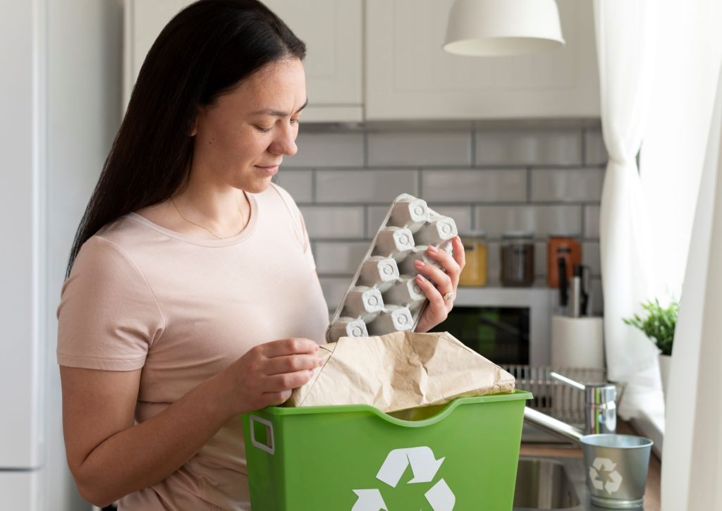 O que é impacto social - mulher descartando embalagem de papel em um recipiente de lixo reciclável.